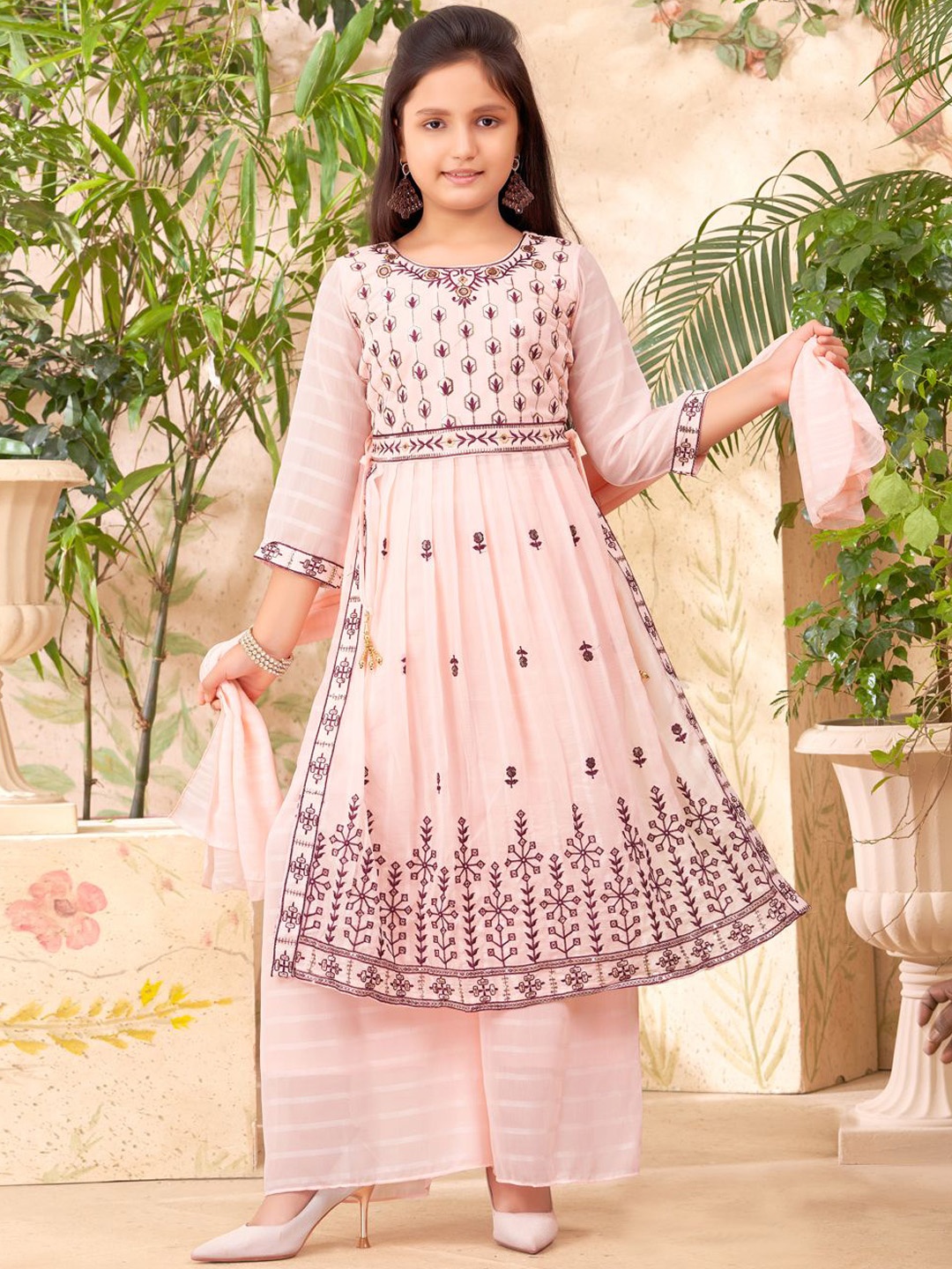 

BAESD Girls Ethnic Motifs Embroidered Regular Kurta with Palazzos & With Dupatta, Peach