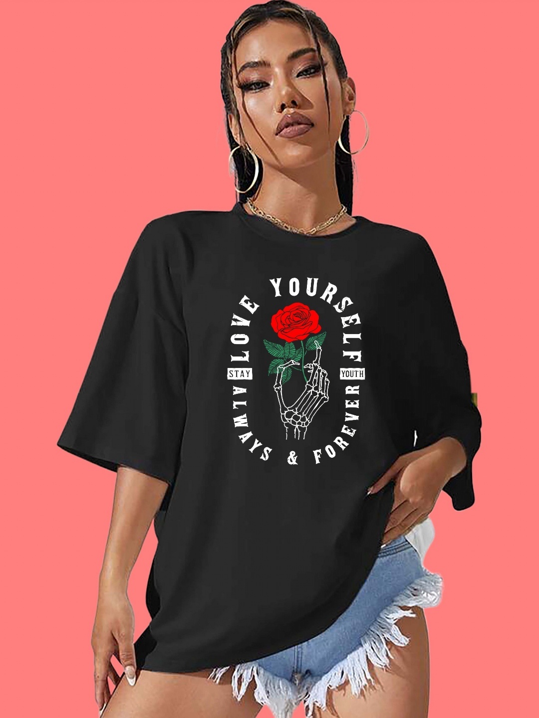 

London Hills Women Printed Drop-Shoulder Sleeves T-shirt, Black