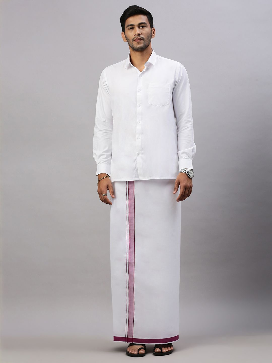 

Ramraj Men Solid Formal Cotton Blend Shirt with Dhoti, White