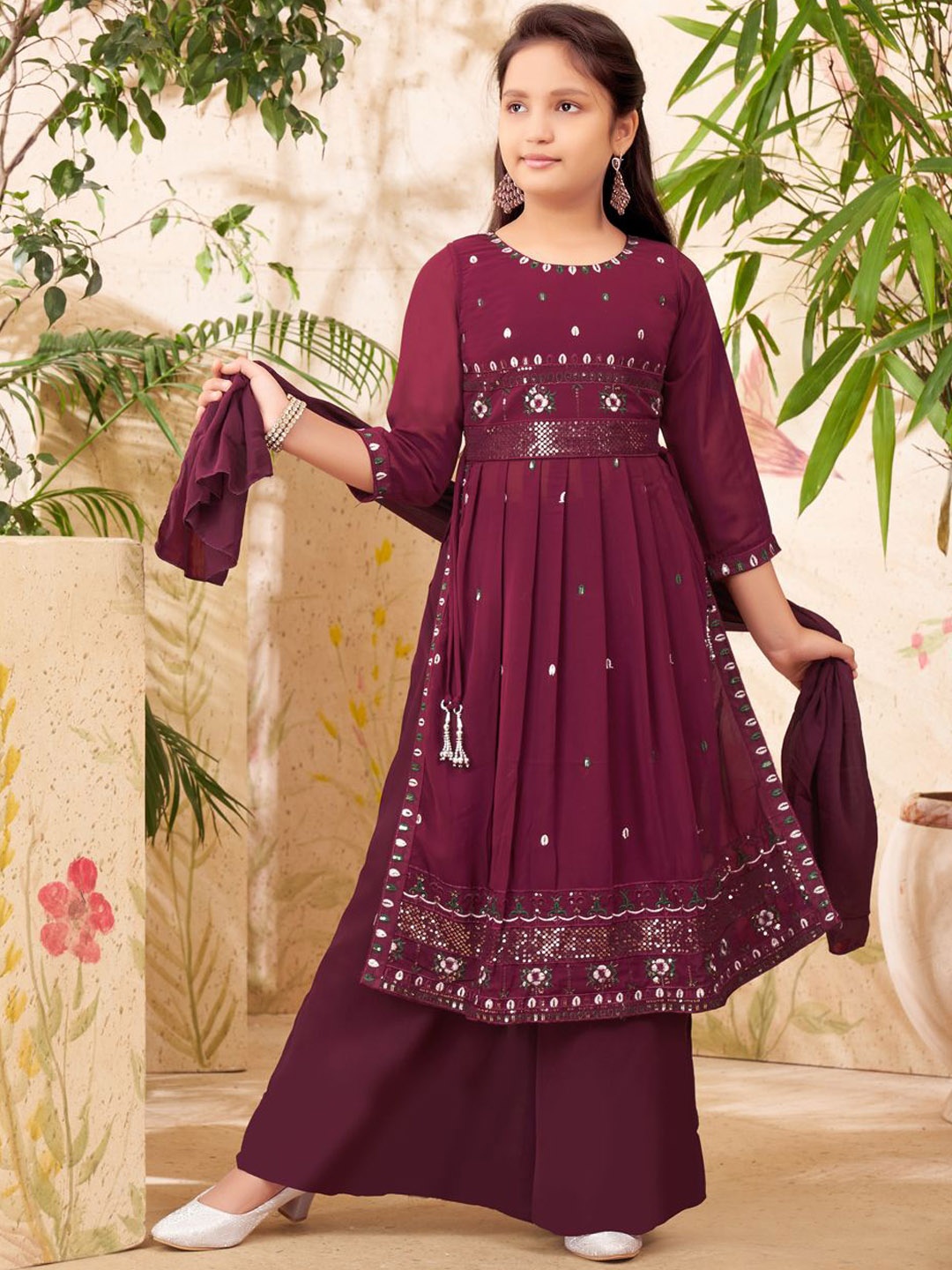 

BAESD Girls Ethnic Motifs Embroidered Regular Sequinned Kurta with Palazzos & With Dupatta, Burgundy