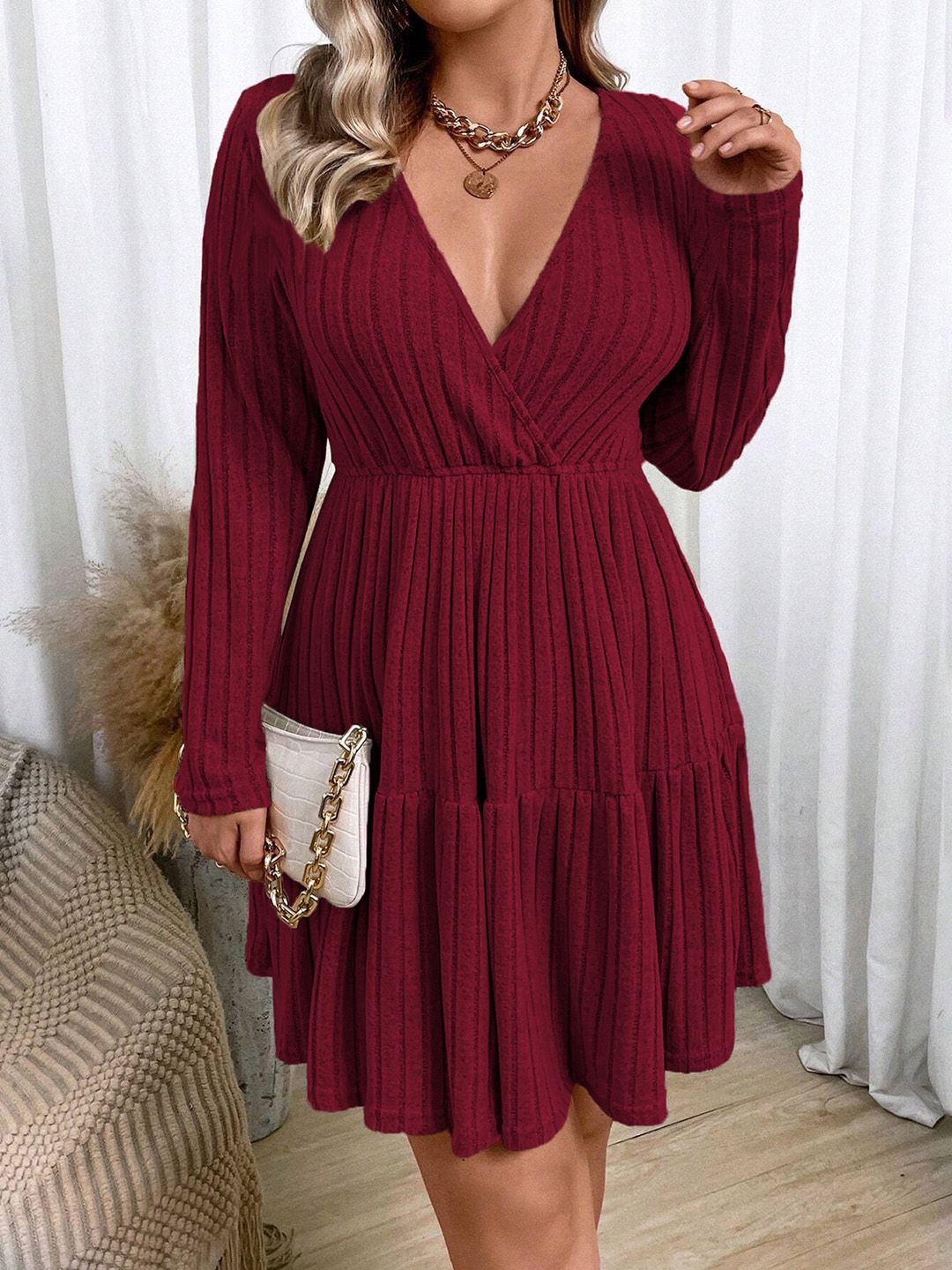 

JC Mode Women Striped V-Neck Long Sleeves Jumper Dress, Maroon