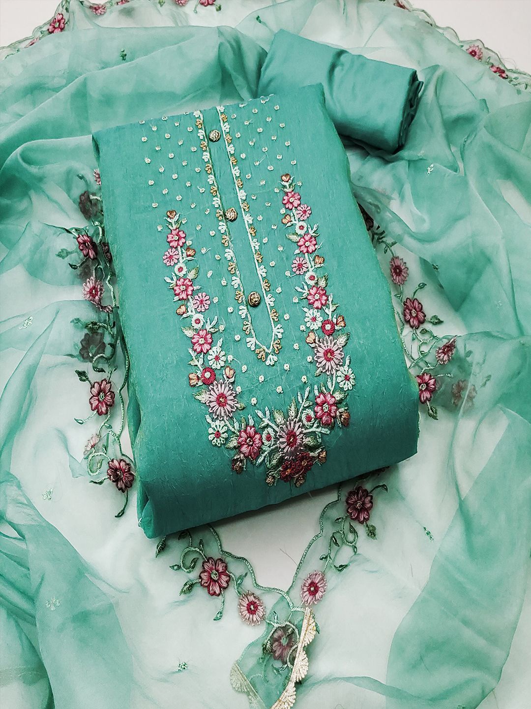 

Lilots Embroidered Art Silk Unstitched Dress Material, Teal