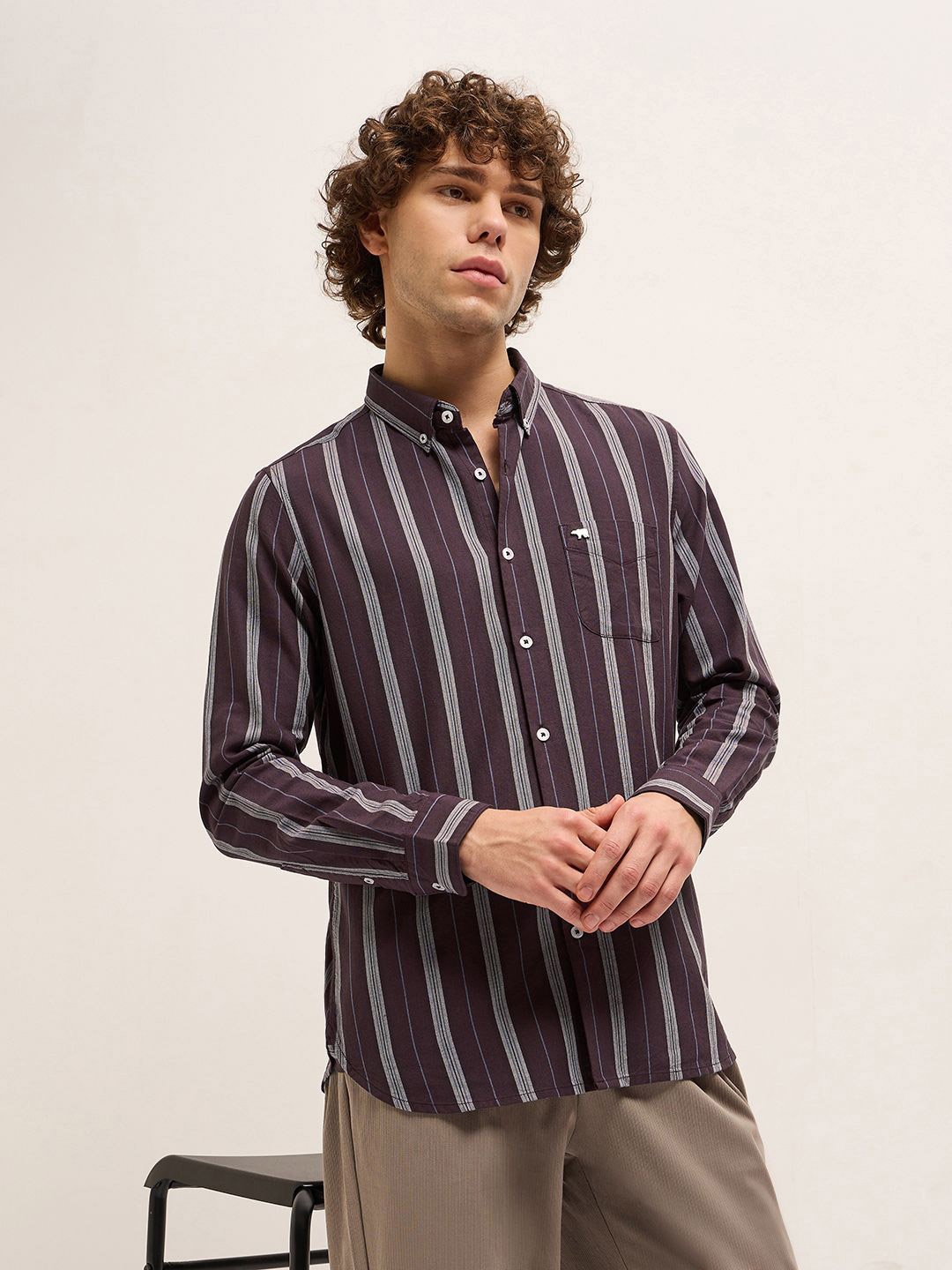 

THE BEAR HOUSE Men Slim Fit Opaque Striped Casual Shirt, Maroon