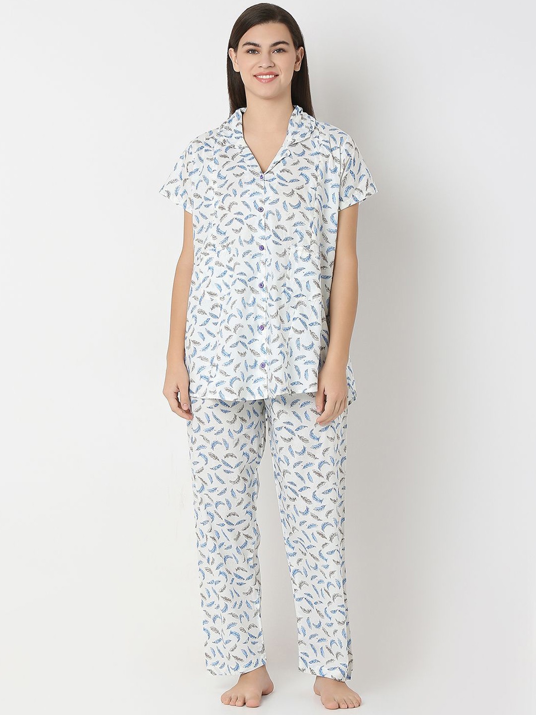 

Juliet Women Printed Pure Cotton Night suit, Blue