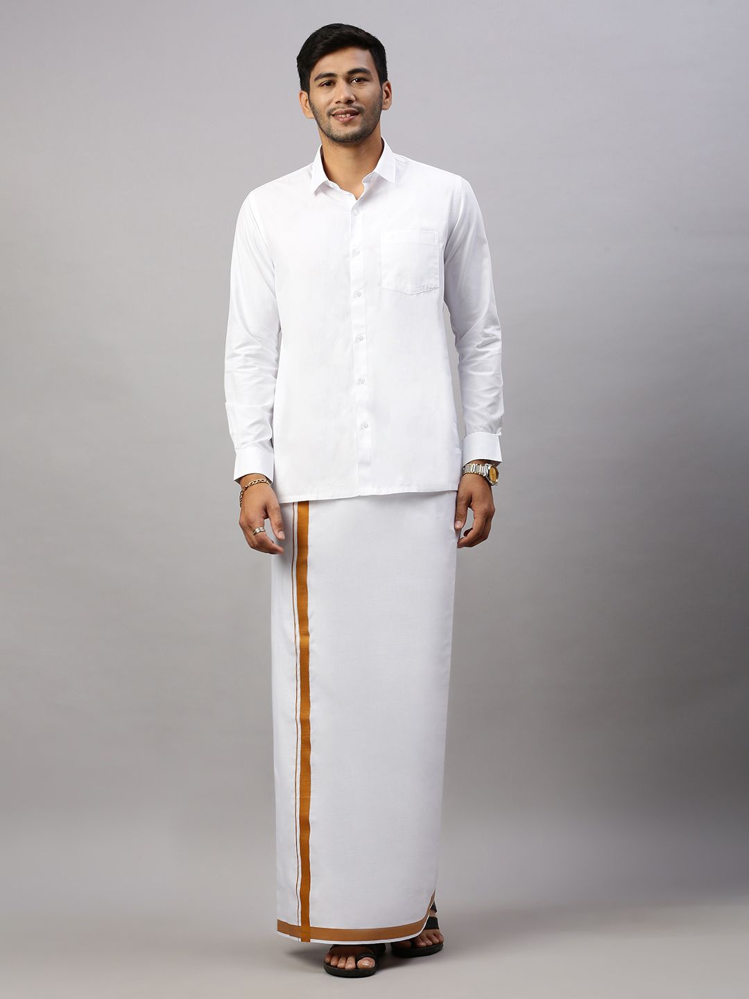 

Ramraj Men Solid Formal Pure Cotton Shirt with Dhoti, White