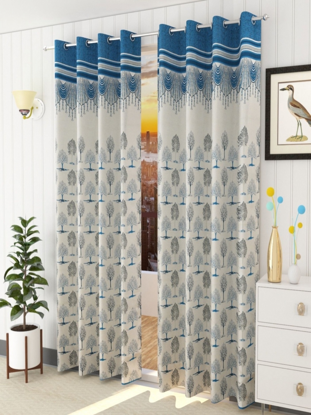 

Aura Turquoise Blue & White Set of 2 Floral Room Darkening Door Curtain