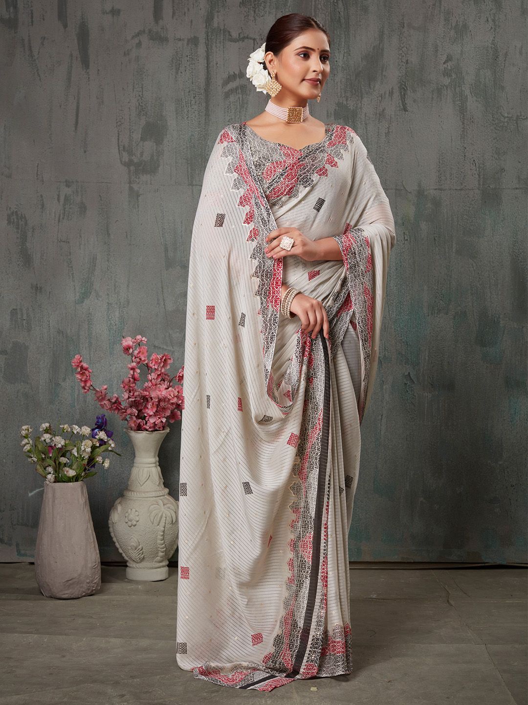 

Saree mall Poly Chiffon Designer Block Print Sarees, Off white