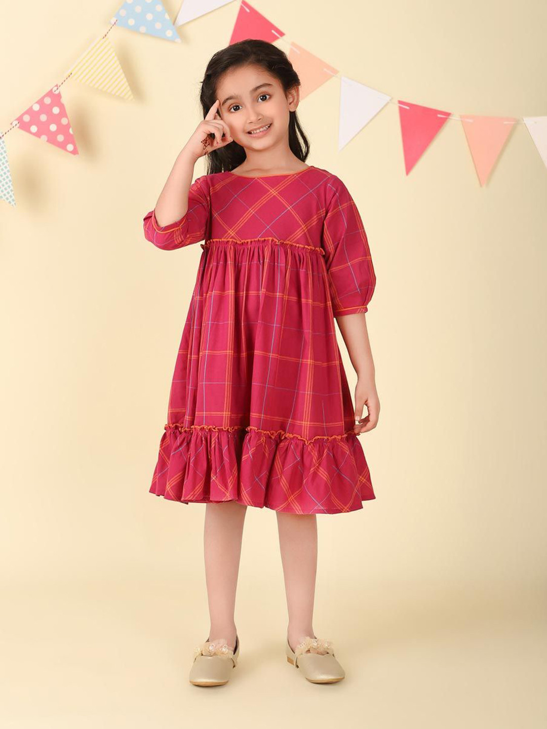 

Fabindia Checked A-Line Dress, Pink