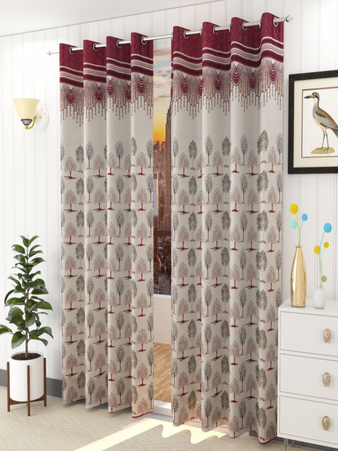 

Aura Maroon & White Set of 2 Floral Room Darkening Long Door Curtain