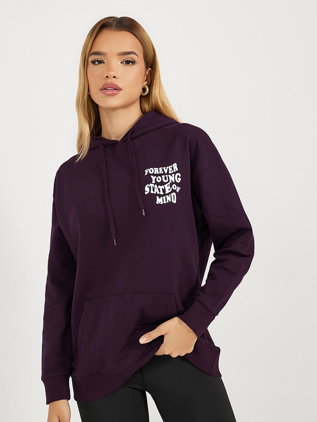 

Styli Typography Printed Hooded Longline Sweatshirt, Purple