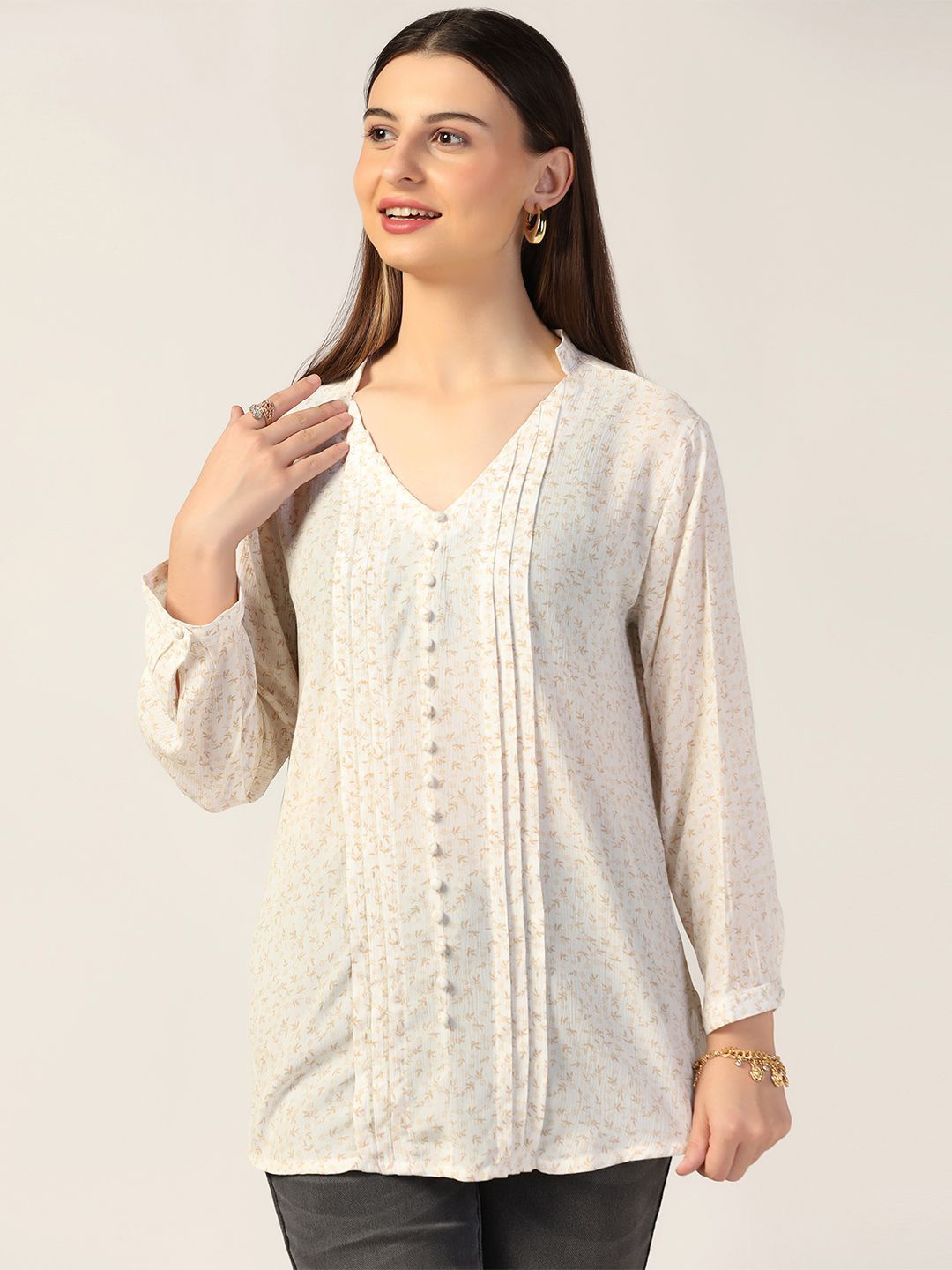 

Mustard Mandarin Collar Printed Top, White