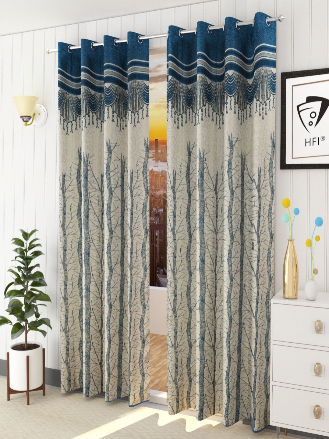 

Aura Turquoise Blue & White Set of 2 Quirky Room Darkening Window Curtain