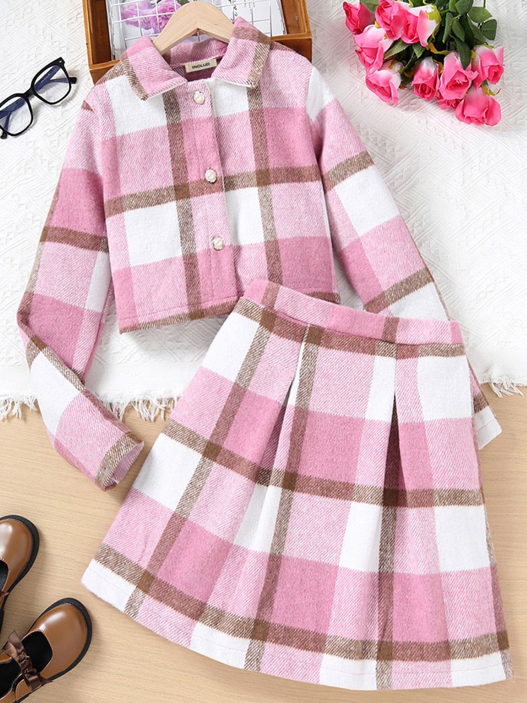

INCLUD Girls Checked Shirt with Skirt, Pink