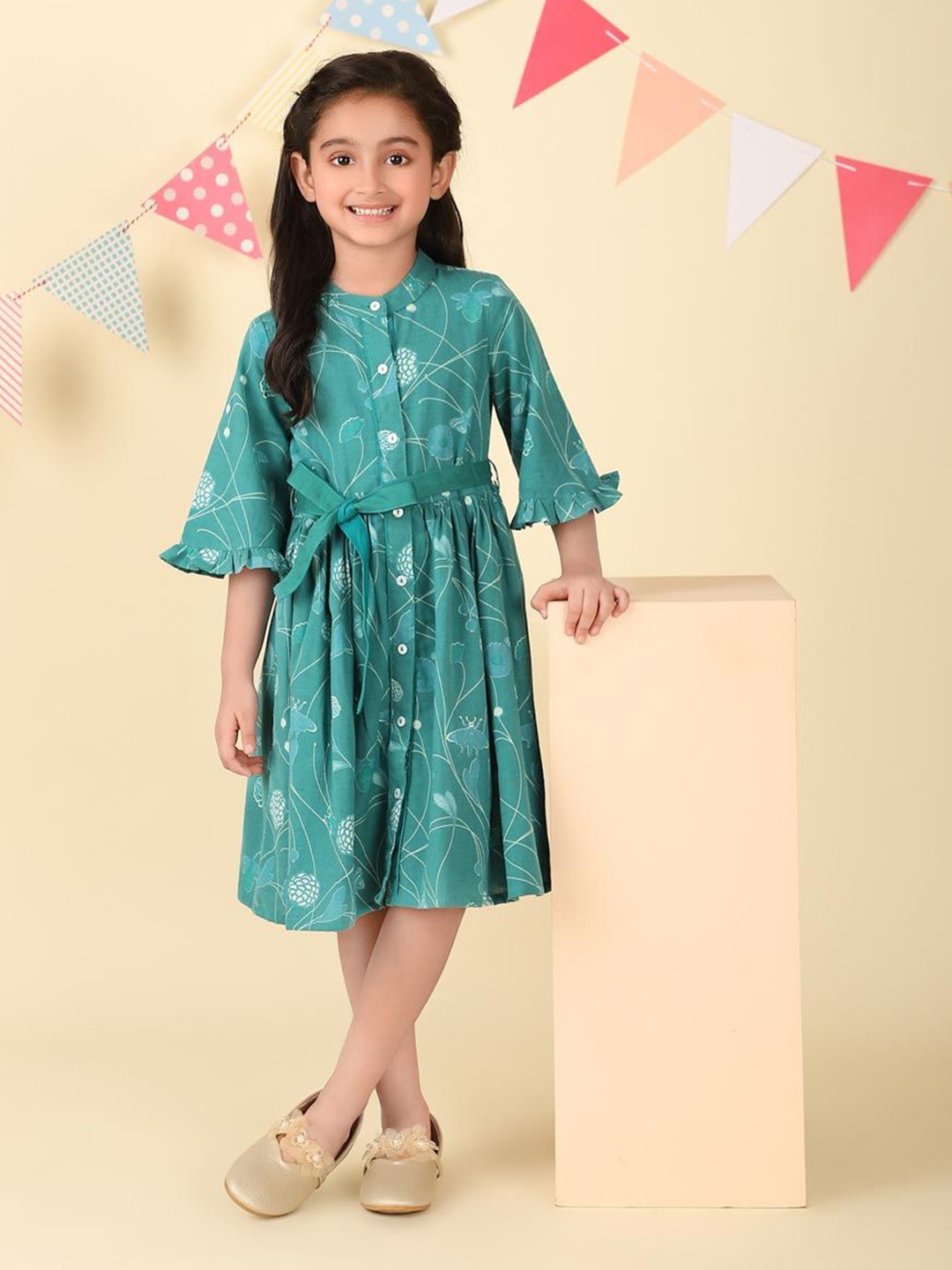 

Fabindia Floral Print Bell Sleeve A-Line Dress, Teal