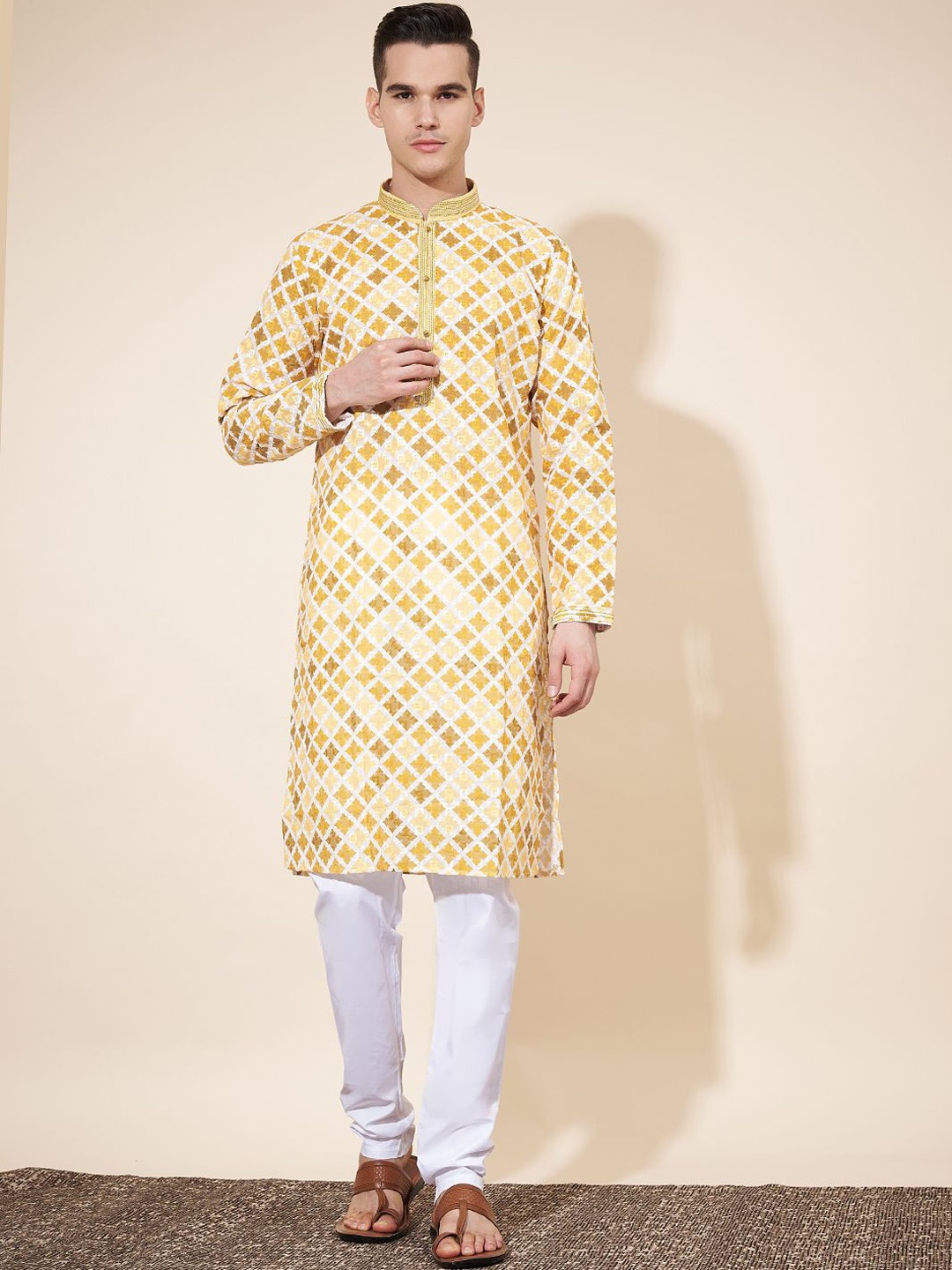 

OUTLUK Men Embroidered Regular Chikankari Kurta with Trousers, Yellow