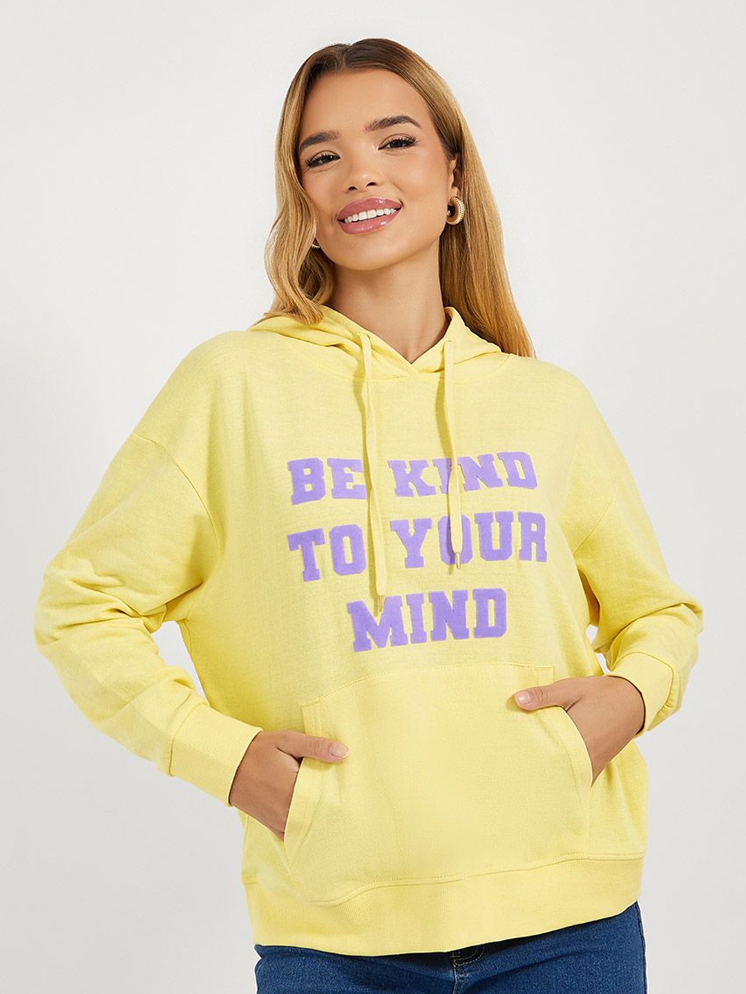 

Styli Typography Printed Hooded Longline Sweatshirt, Yellow