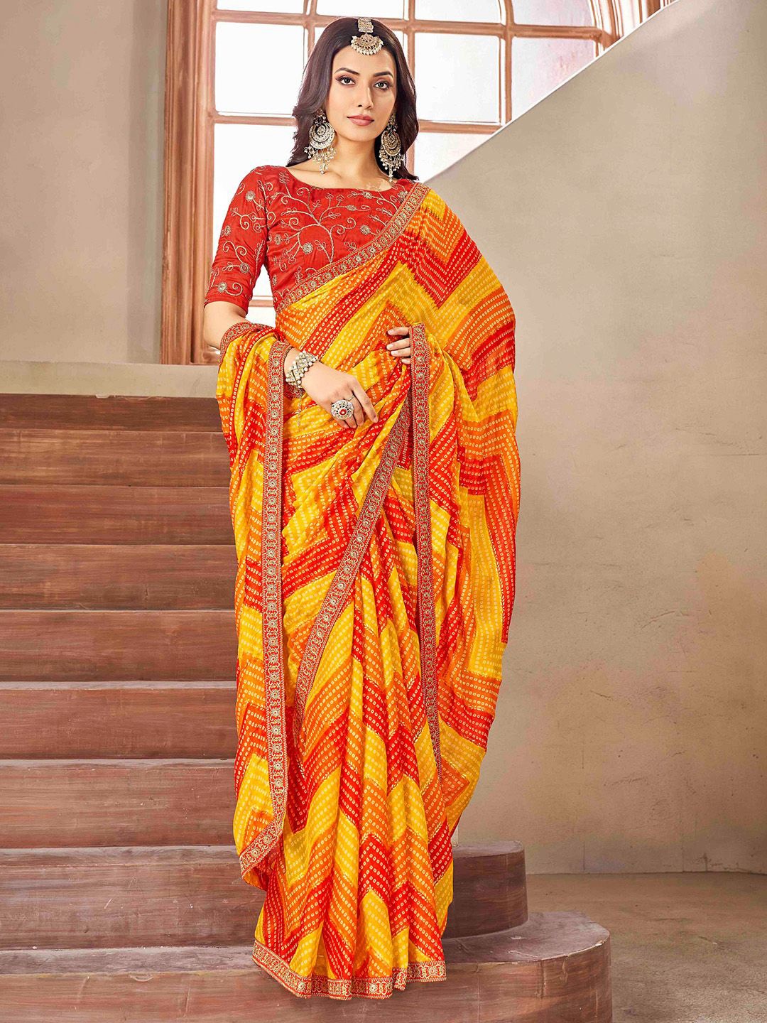 

Saree mall Bandhani Embroidered Poly Chiffon Bandhani Sarees, Yellow