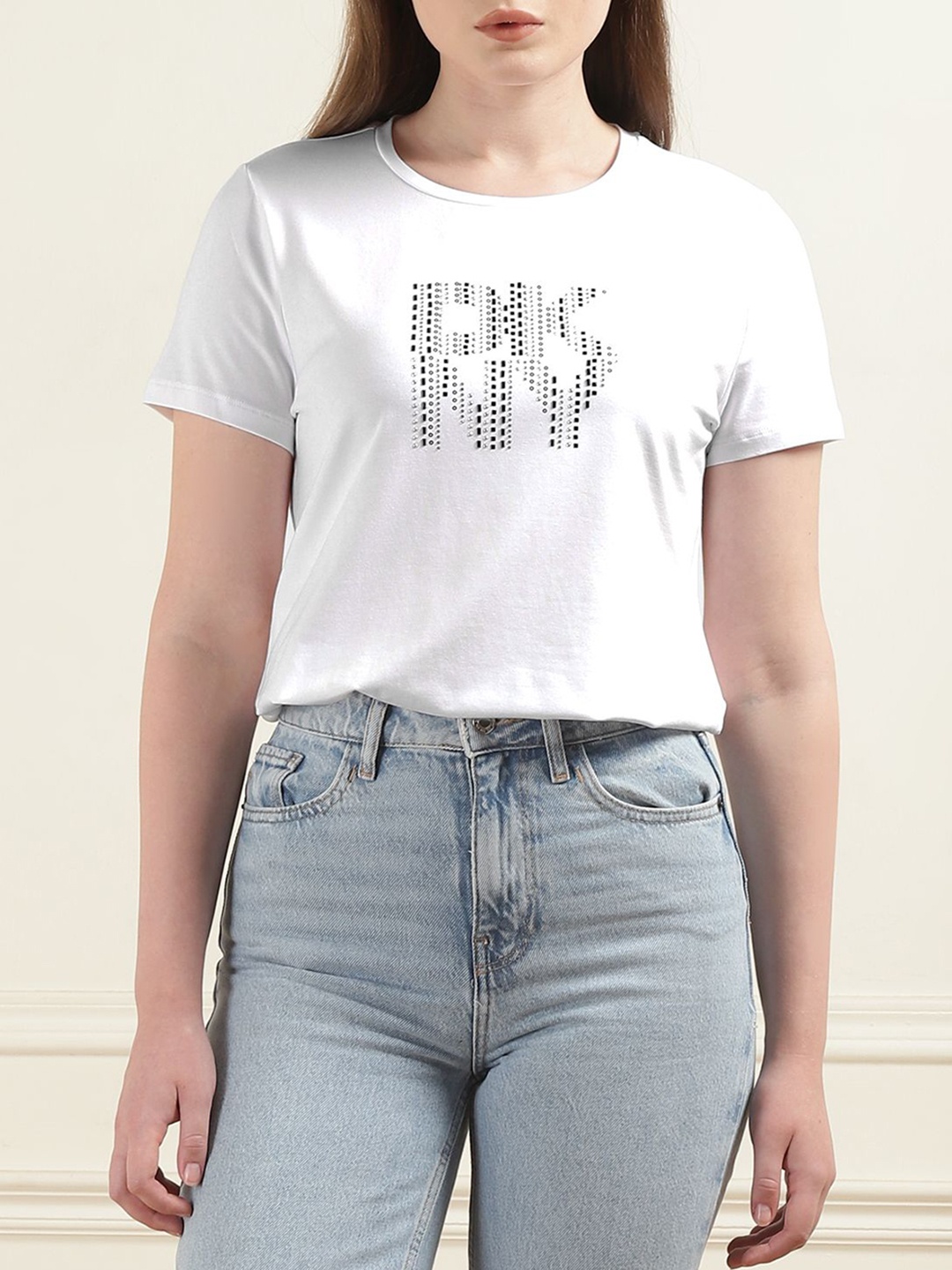 

DKNY Women Typography Printed Applique T-shirt, White