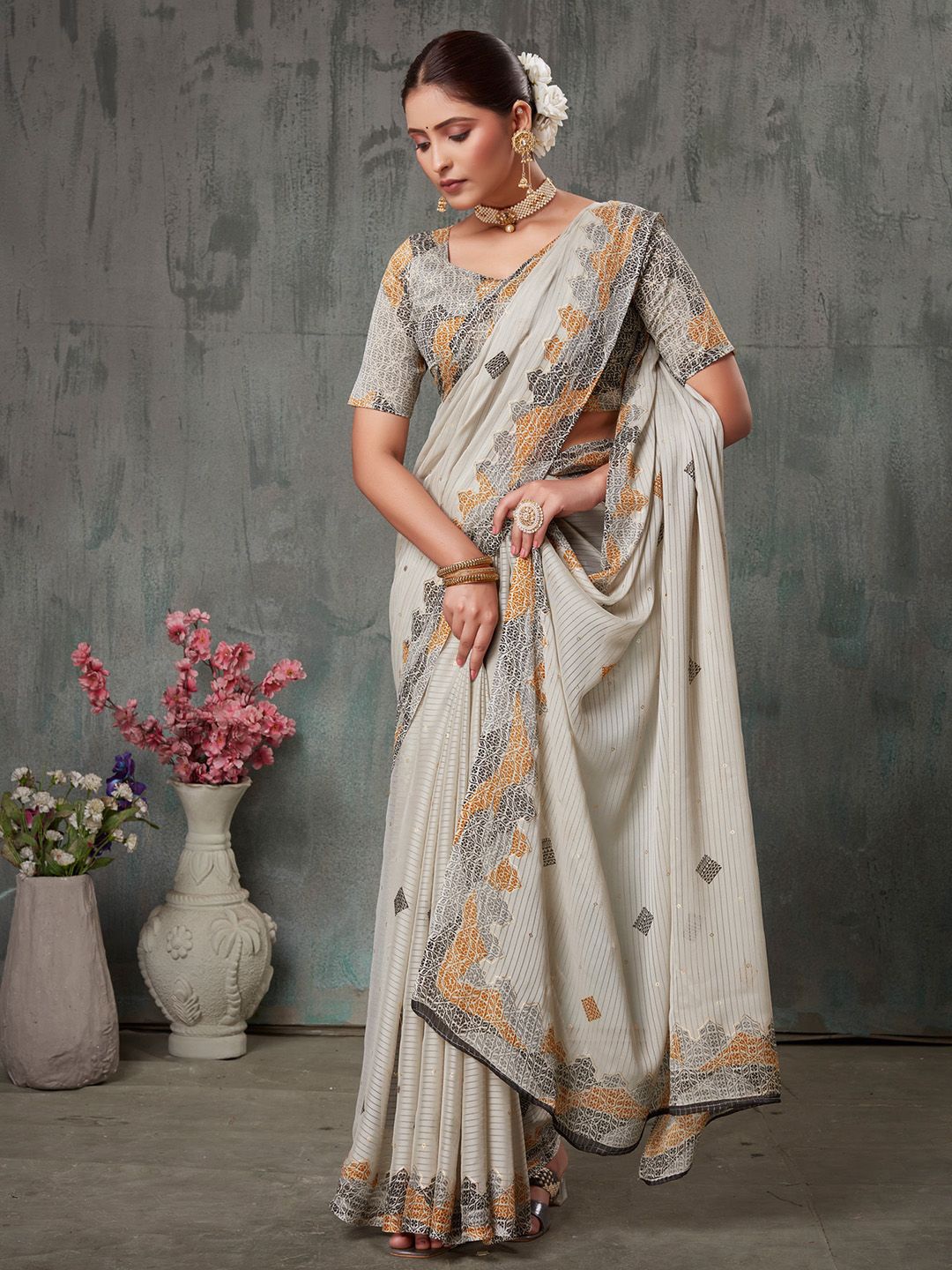 

Saree mall Ethnic Motifs Poly Chiffon Designer Block Print Sarees, Off white