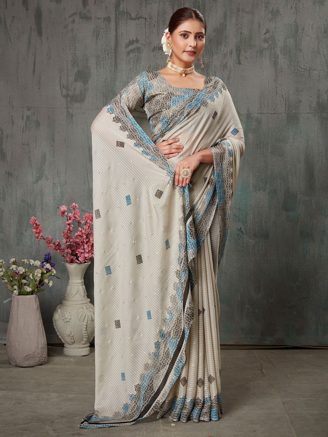 

Saree mall Striped Poly Chiffon Designer Block Print Sarees, Off white