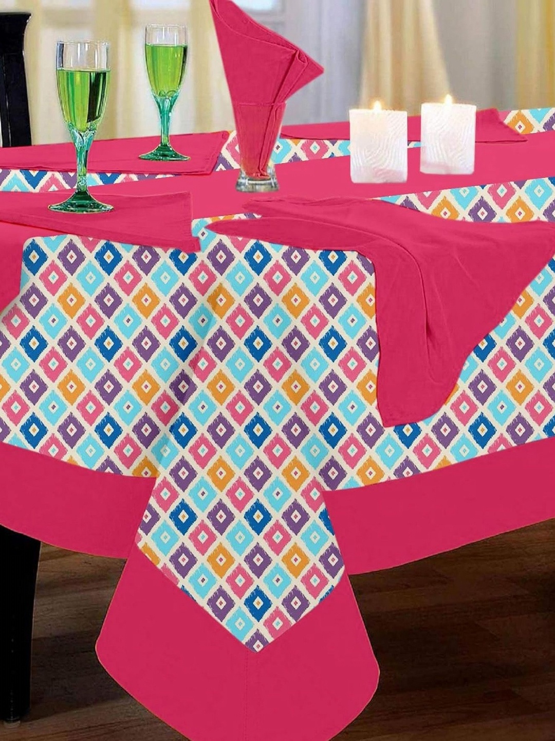

Lushomes Pink & Blue 14 Pieces Waterproof Cotton 8-Seater Table Cover Set