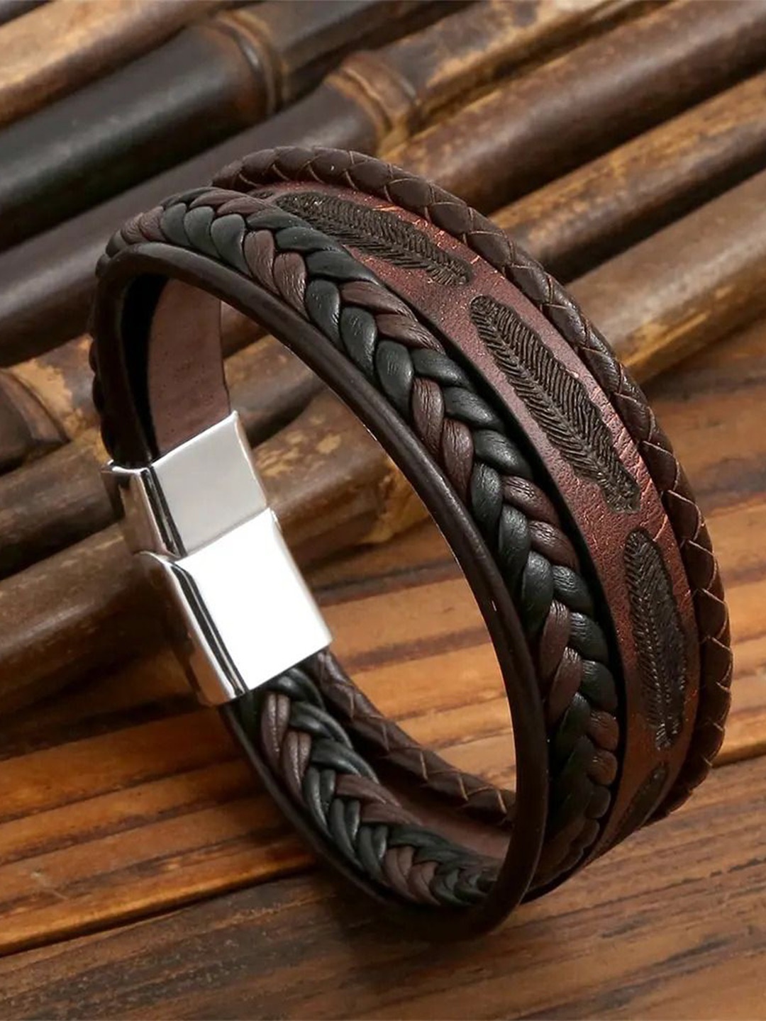 

MEENAZ Men Leather Oxidised Silver-Plated Multistrand Bracelet
