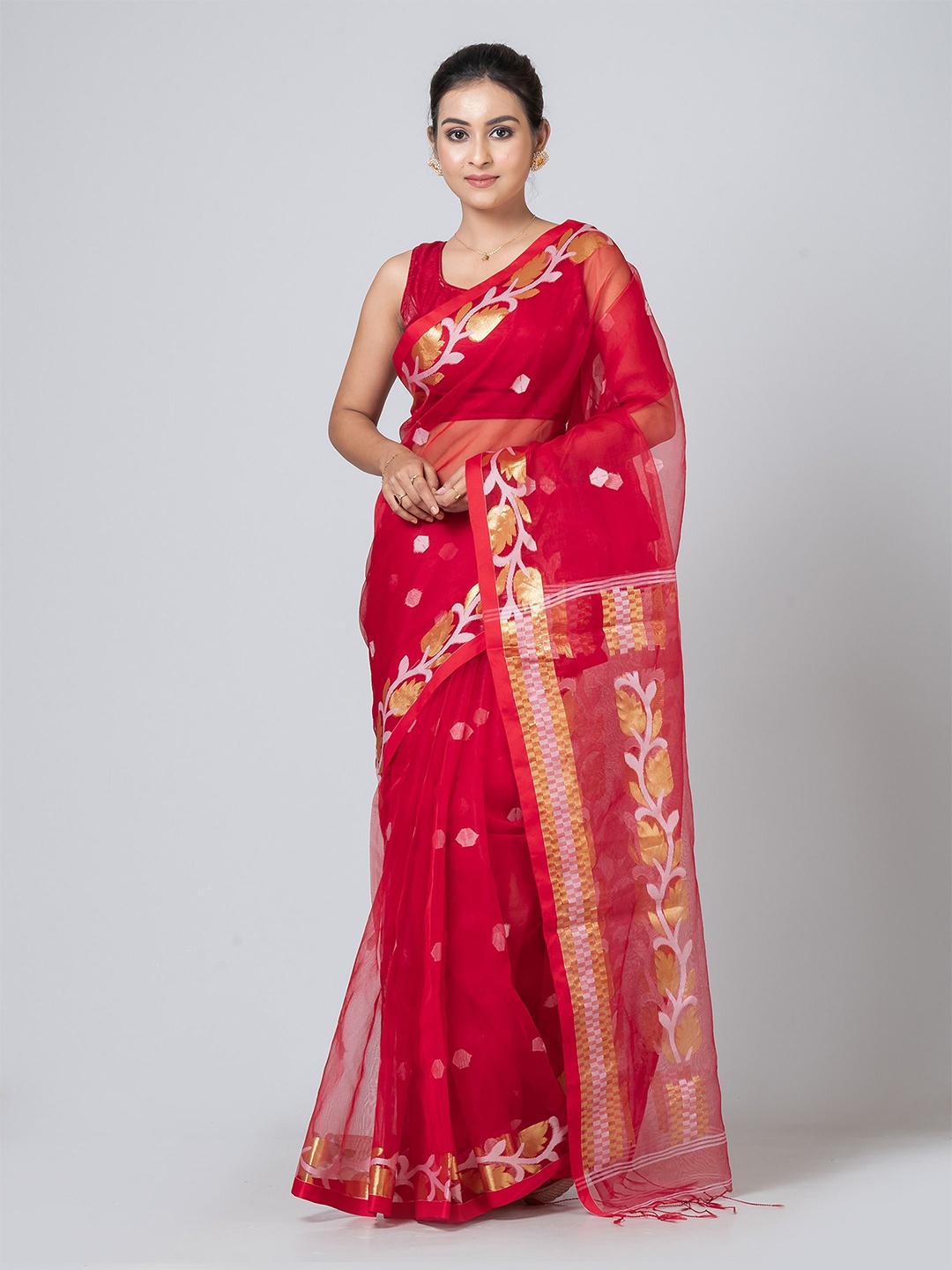 

PUKU Ethnic Motifs Woven Design Zari Jamdani Saree, Red