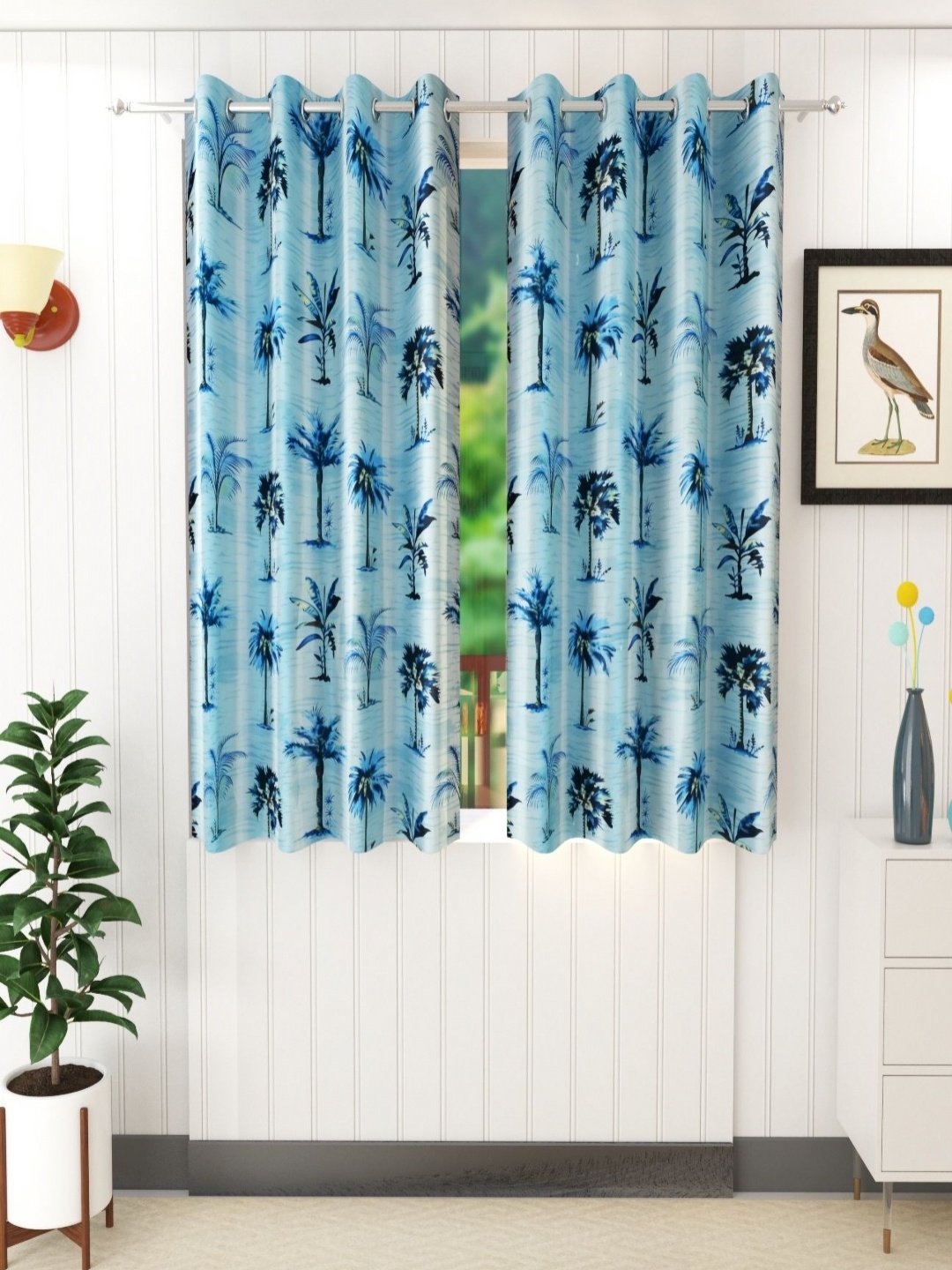 

Aura Blue & Black Set of 2 Floral Room Darkening Window Curtain