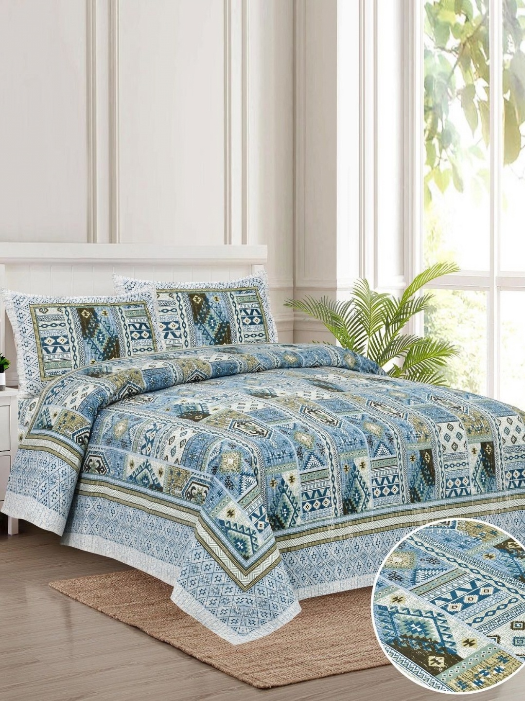 

HOMELINE Blue & White Ethnic Motifs 180 TC King Bedsheet & 2 Pillow Covers 2.84m x 2.84m