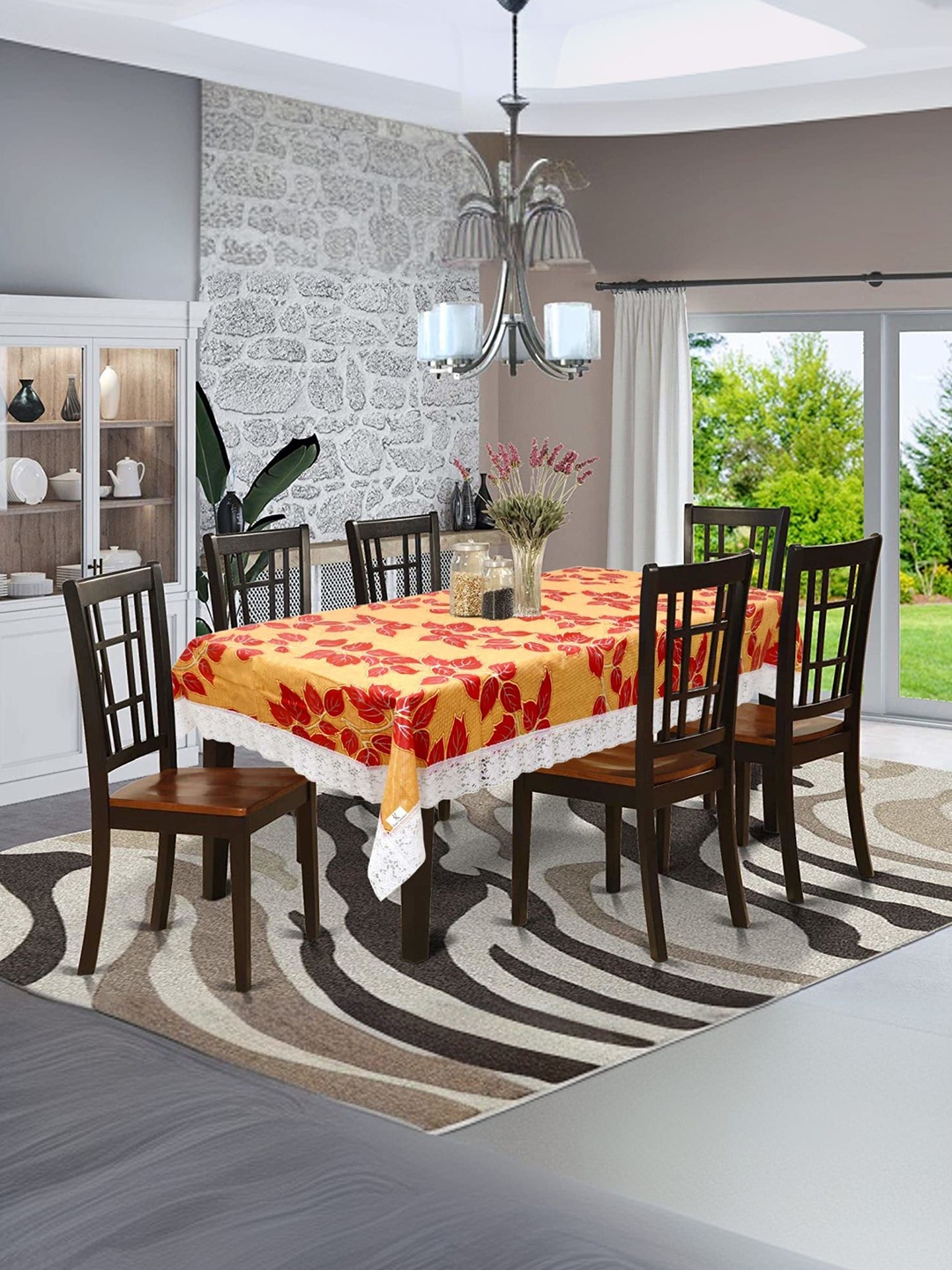 

Kuber Industries Red Floral Plastic 6-Seater Table Cover