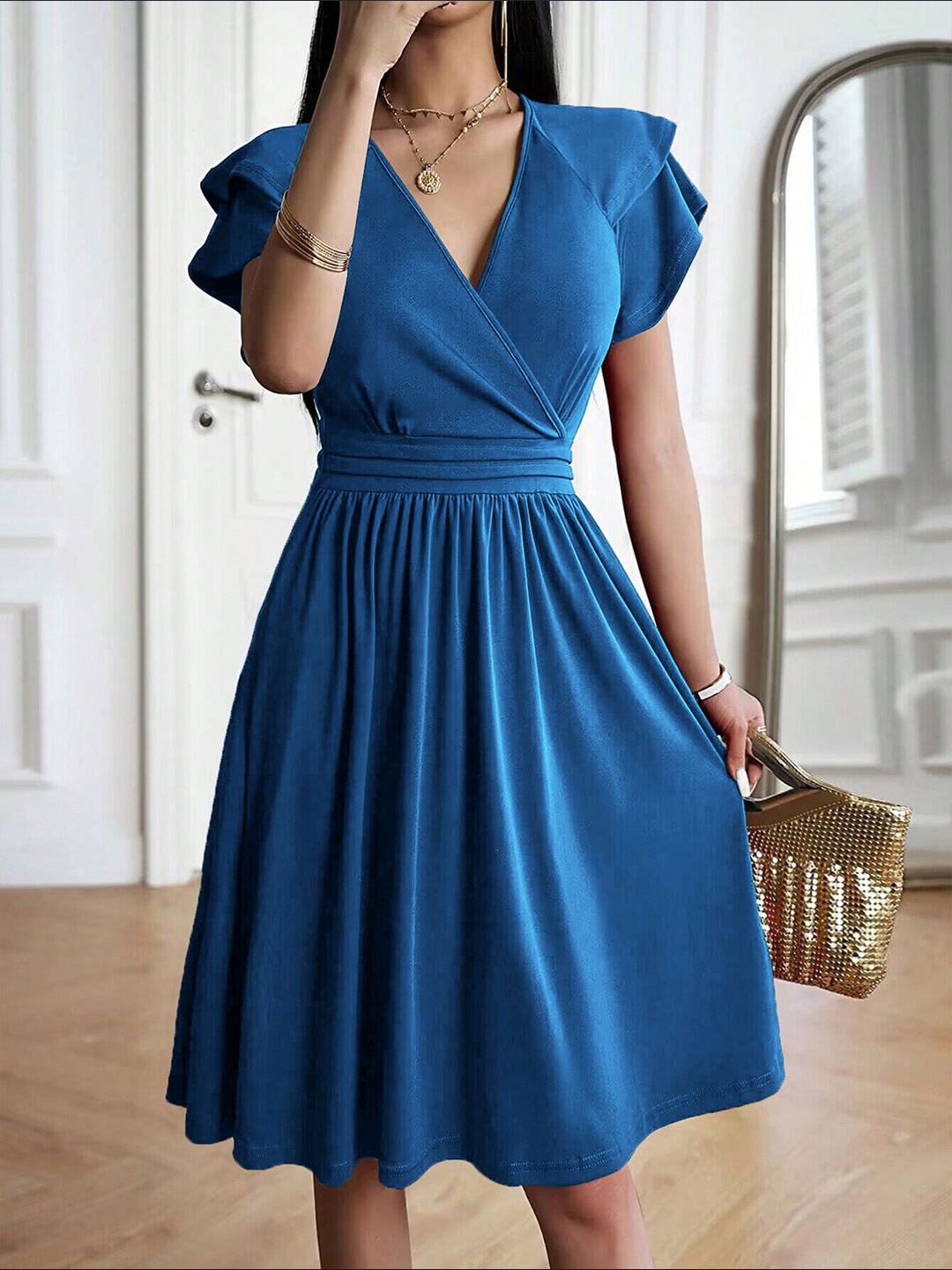 

StyleCast x Revolte Women V-Neck Fit and Flare Dress, Blue