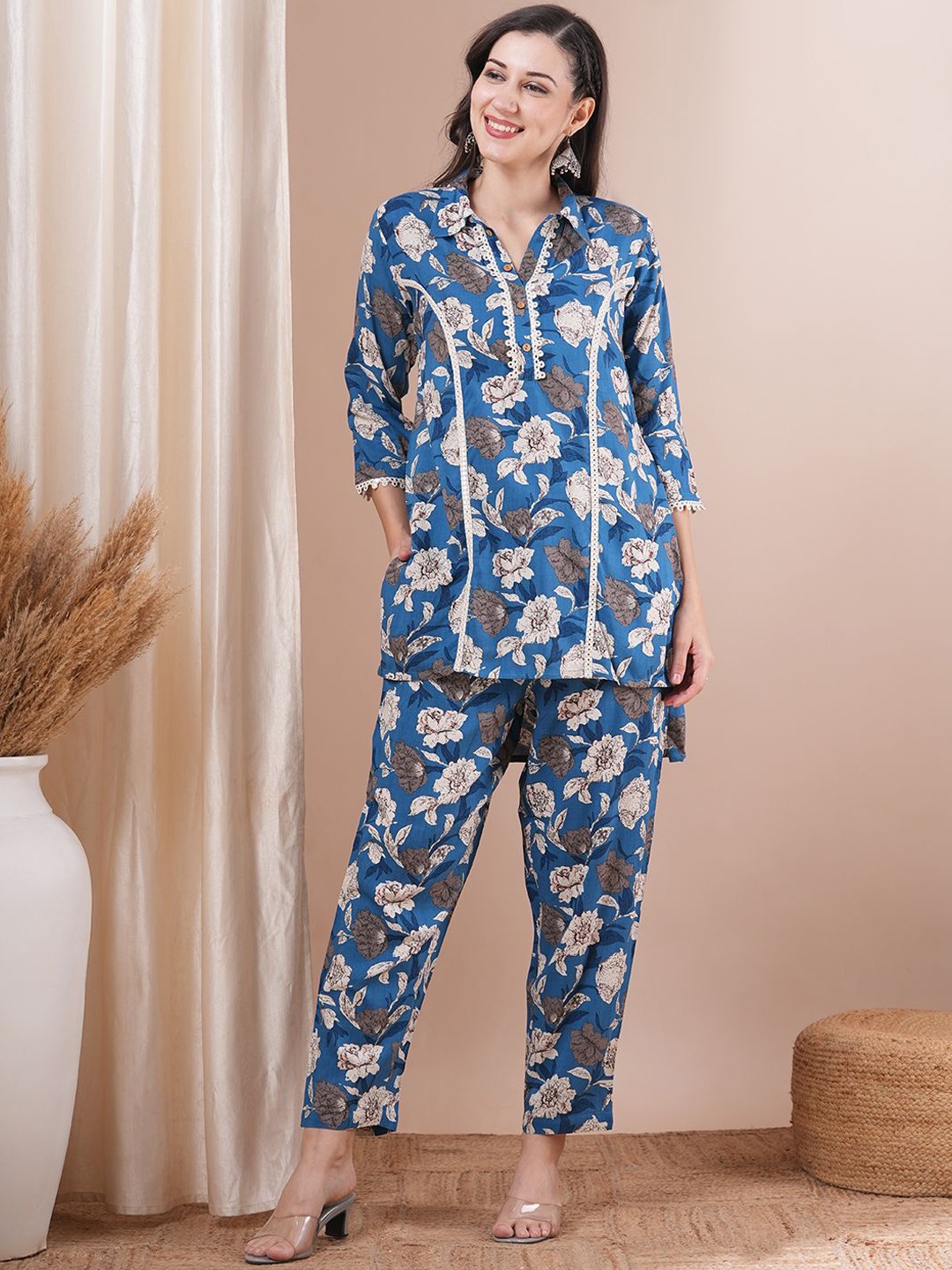 

FASHOR Blue Printed Three-Quarter Sleeves Pure Cotton Top & Palazzo