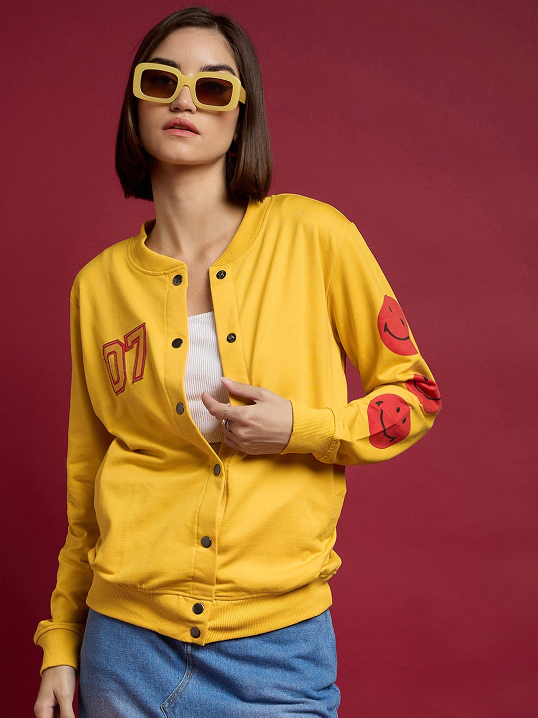 

SASSAFRAS Women Varsity Jacket with Embroidered, Yellow