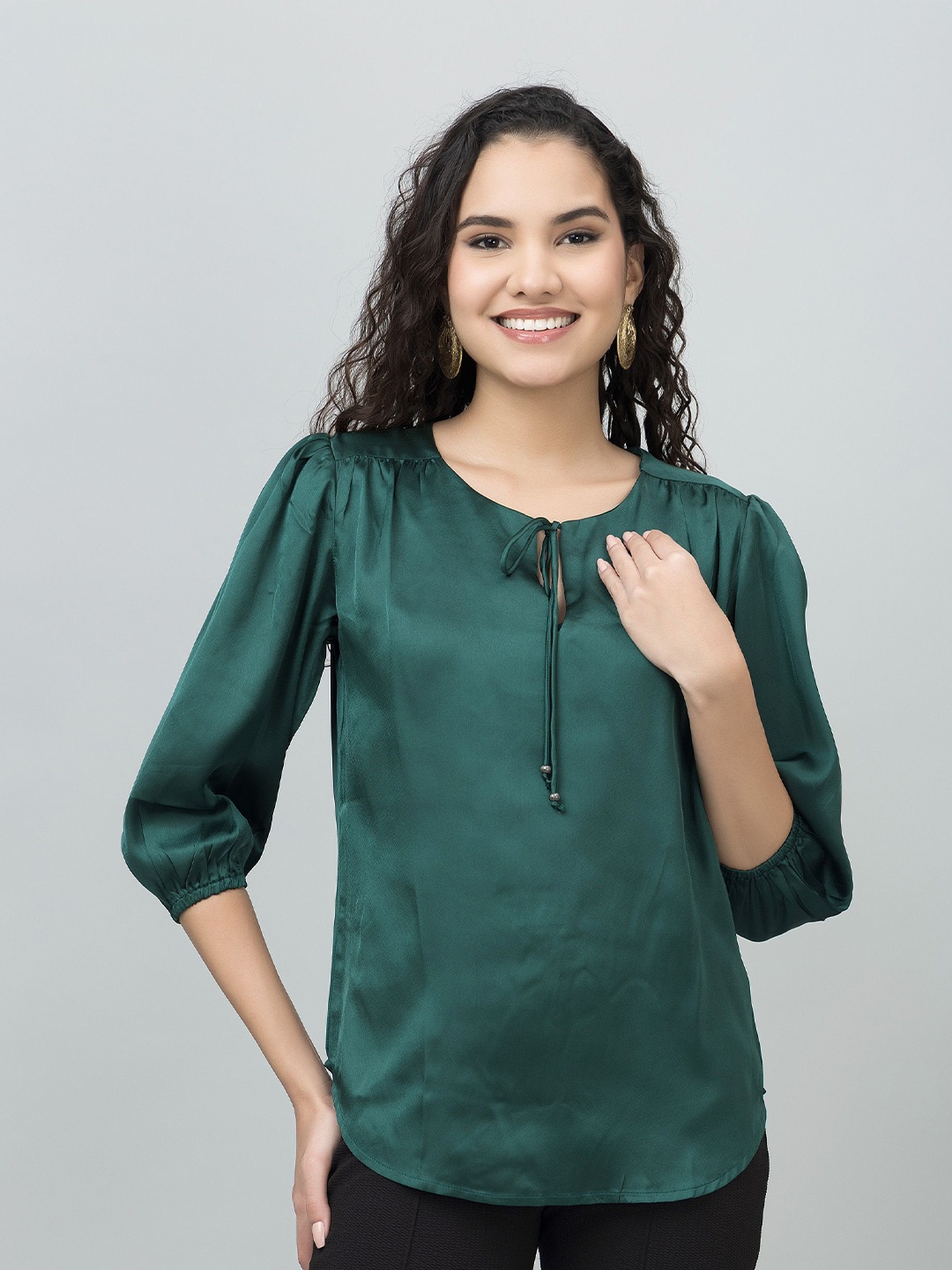 

PURYS Women Tie-Up Neck Puff Sleeves Satin Top, Green
