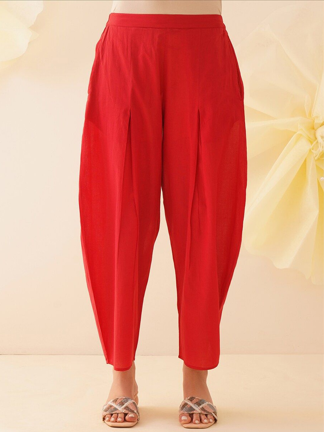 

JAYPORE Women Loose Fit Pleated Culottes Trousers, Red