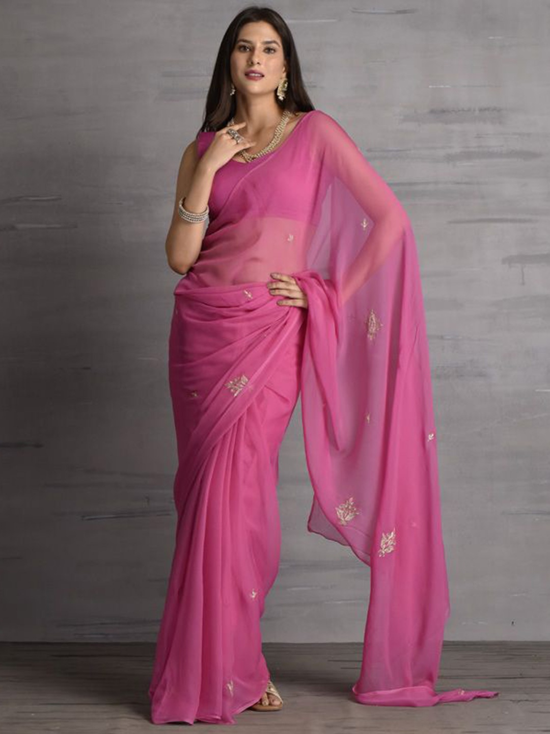 

sutra attire Embellished Embroidered Pure Chiffon Saree, Pink