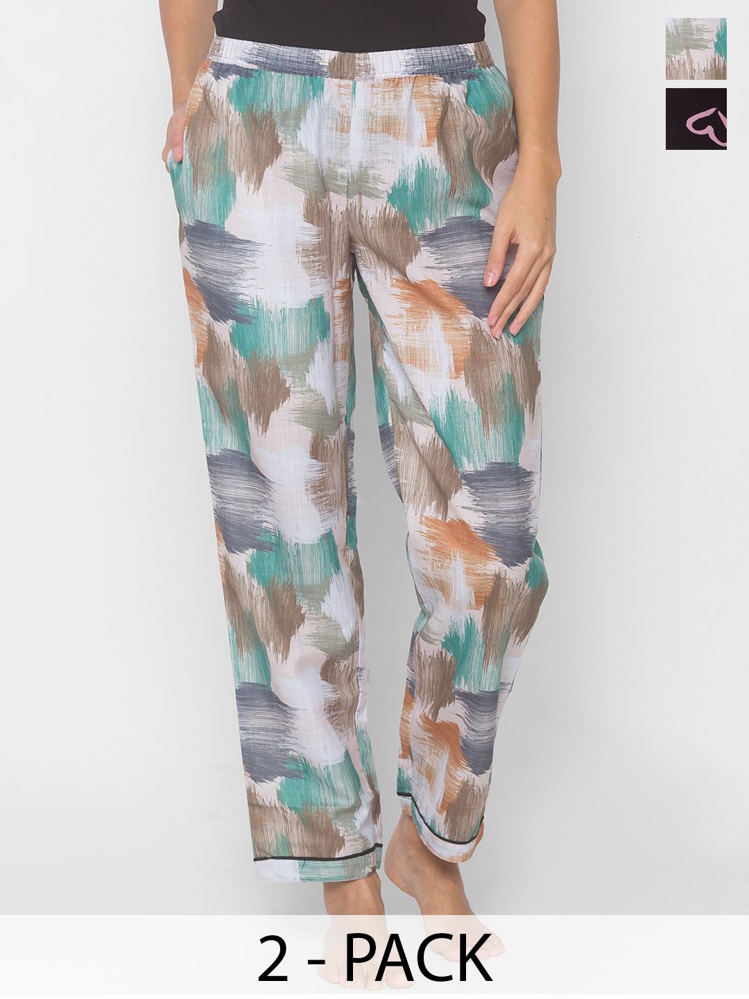 

FashionRack Women Pack Of 2 Printed Mid- Rise Lounge Pants, White