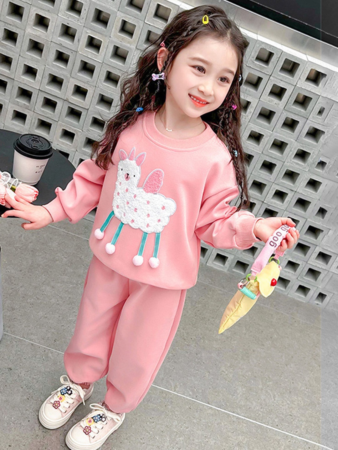 

LULU & SKY Girls Embellished Round Neck Long Sleeves Sweatshirt With Jogger, Pink