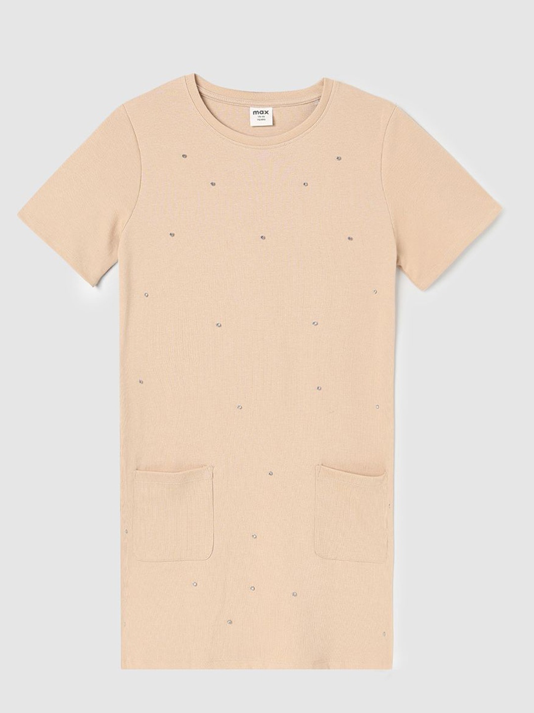

max Girls Round Neck Cotton T-shirt Dress, Beige