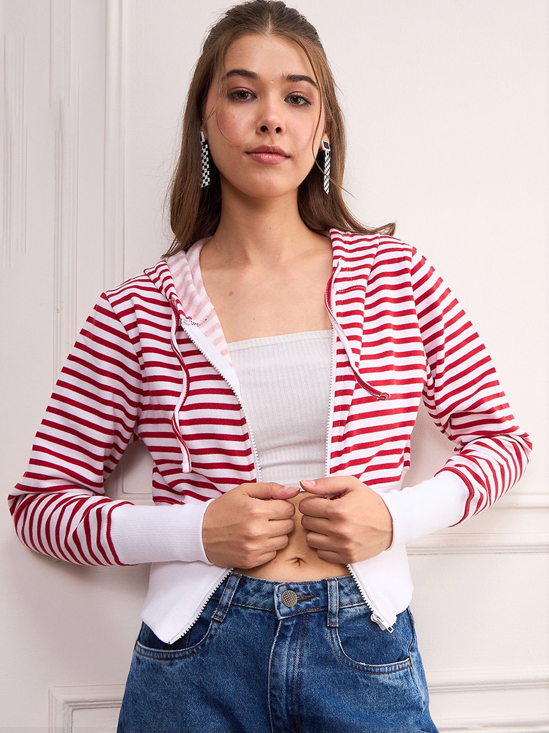 

SASSAFRAS Women Striped Fleece Bomber with Embroidered Jacket, Red