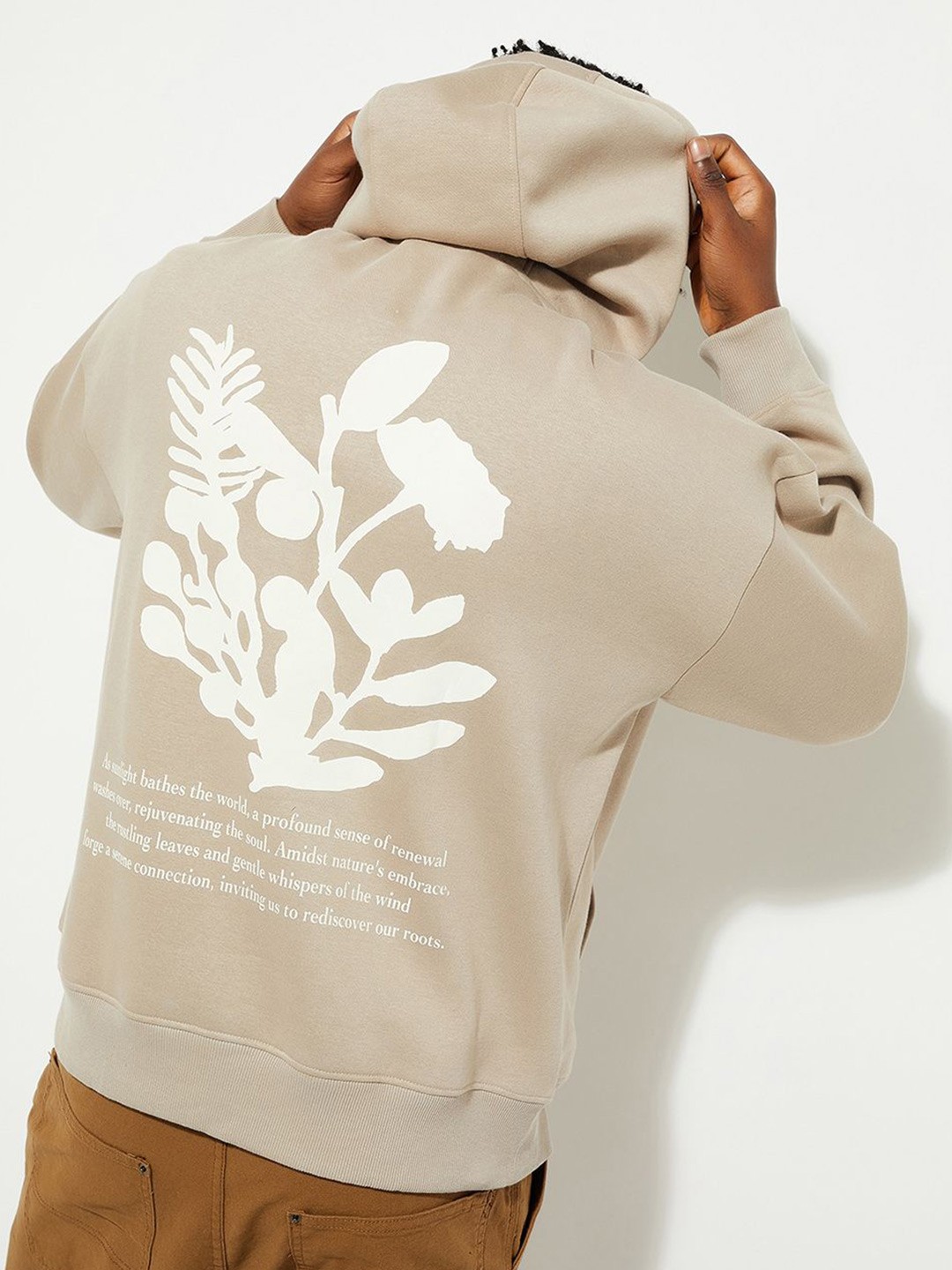 

max URB_N Men Graphic Printed Oversized Hooded Sweatshirt, Beige