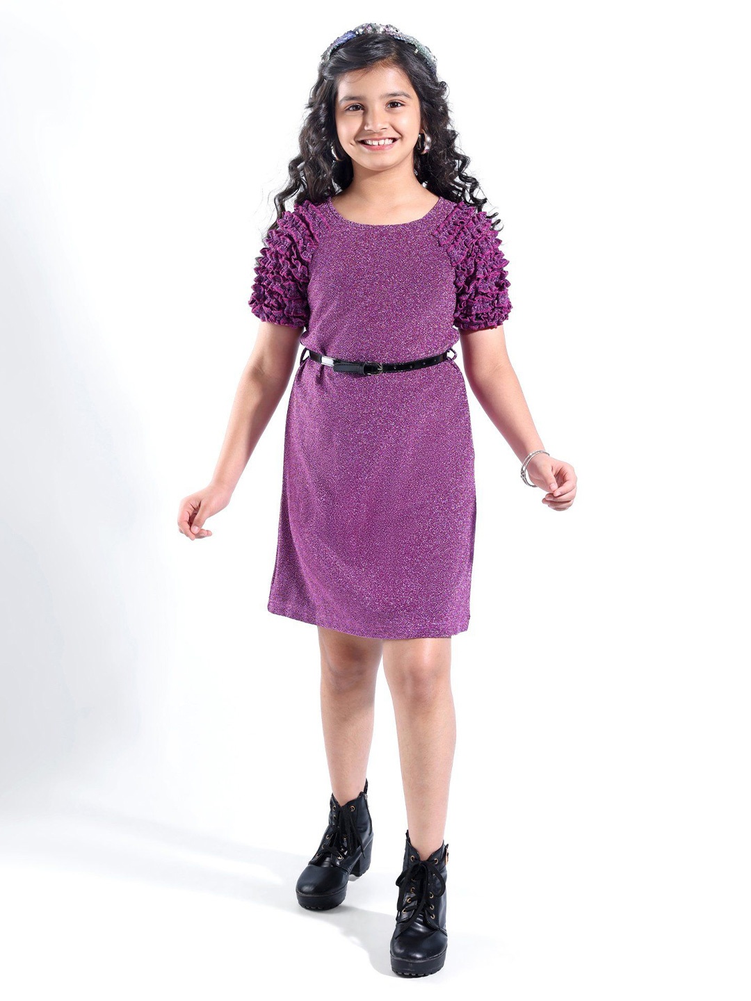 

Hola Bonita Girls Round Neck T-shirt Dress With Belt, Purple