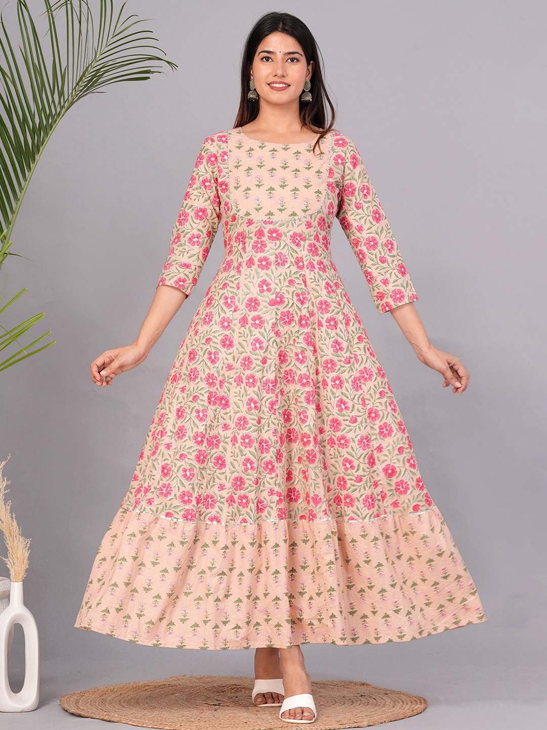 

KIRNYA Women Floral Printed Round Nack Ethnic Dress, Cream