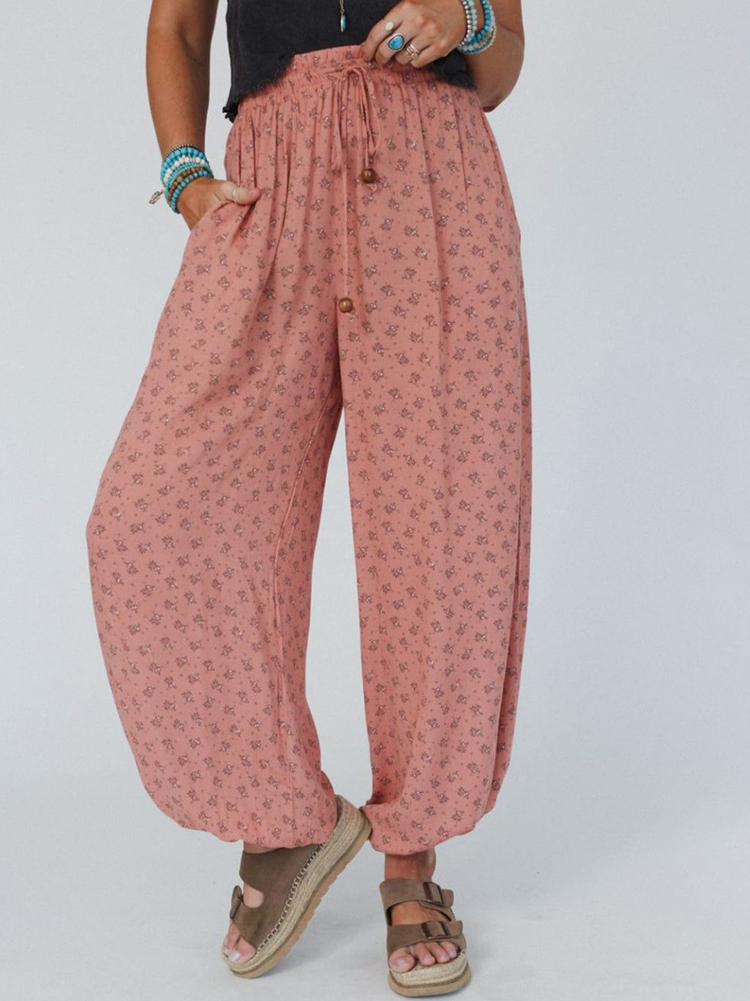 

StyleCast Women Floral Printed Loose Fit Pleated Jodhpuris Trousers, Peach