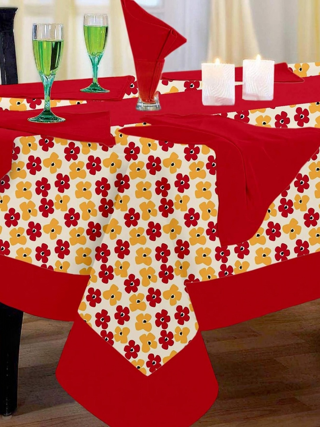 

Lushomes Red Set of 9 Floral Cotton 8-Seater Table Cover