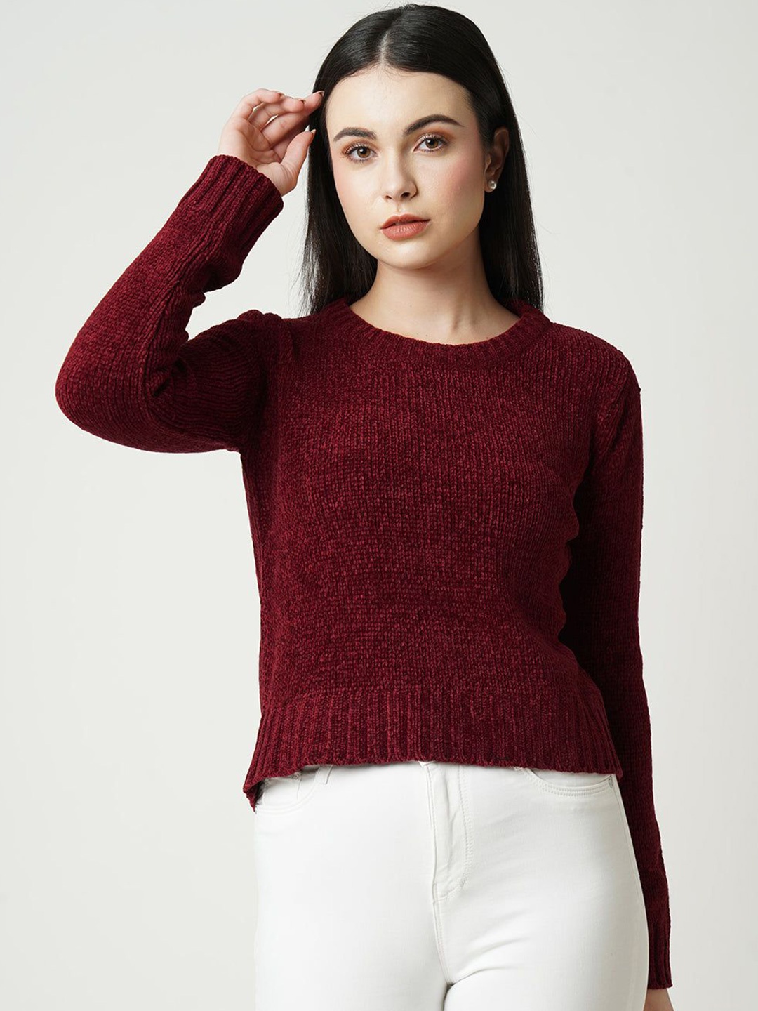 

Kraus Jeans Women Round Neck Long Sleeves Pullover, Maroon
