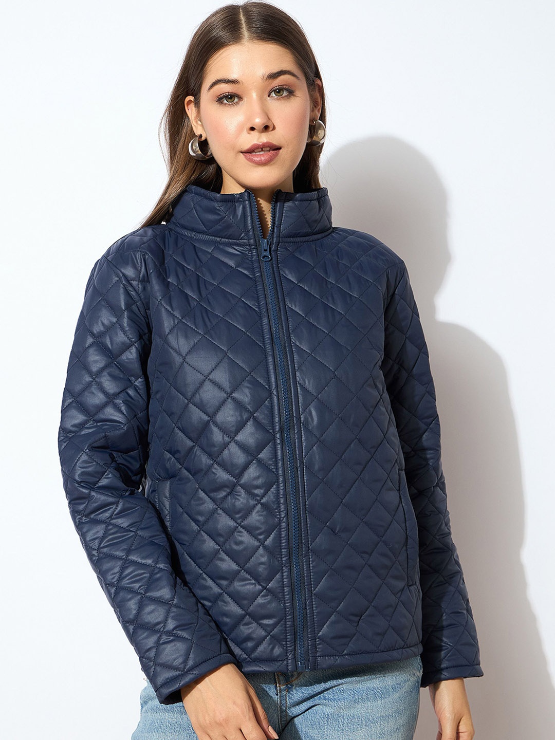 

SASSAFRAS Women Geometric Puffer Jacket, Navy blue