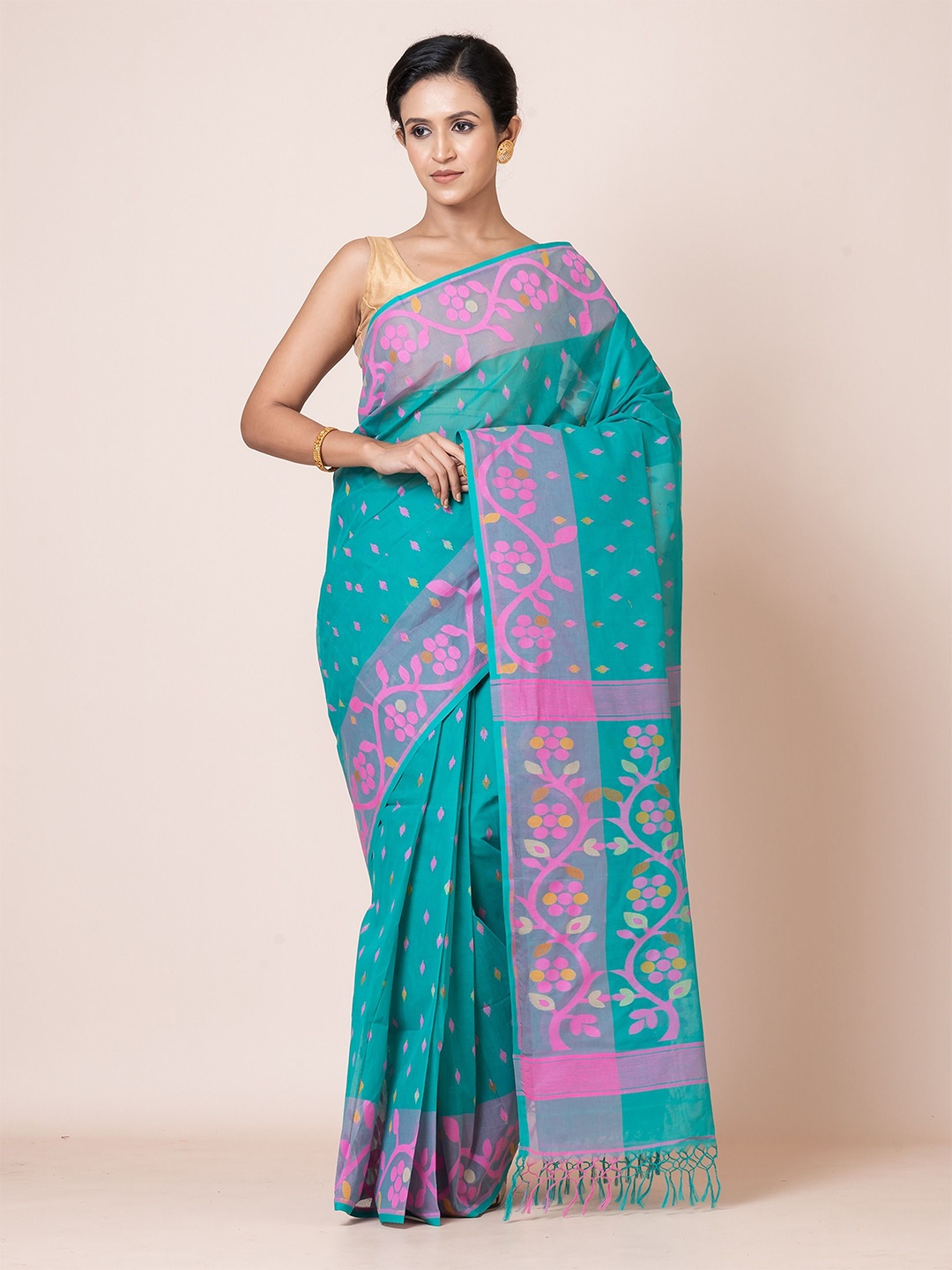 

PUKU Ethnic Motifs Woven Design Jamdani Pure Cotton Saree, Sea green