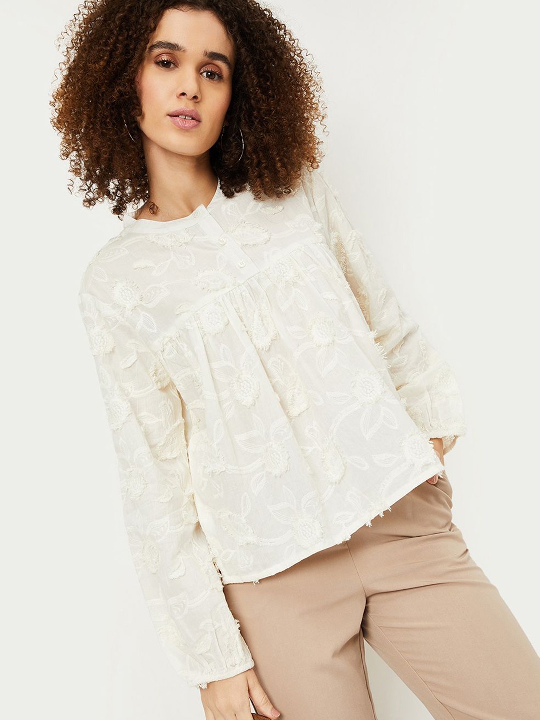 

max Women Embroidered Cotton A-Line Top, Off white