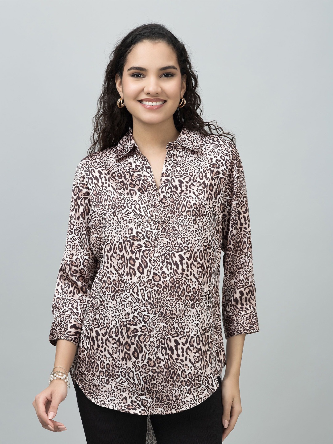 

PURYS Women Printed Shirt Collar Tunic, Brown